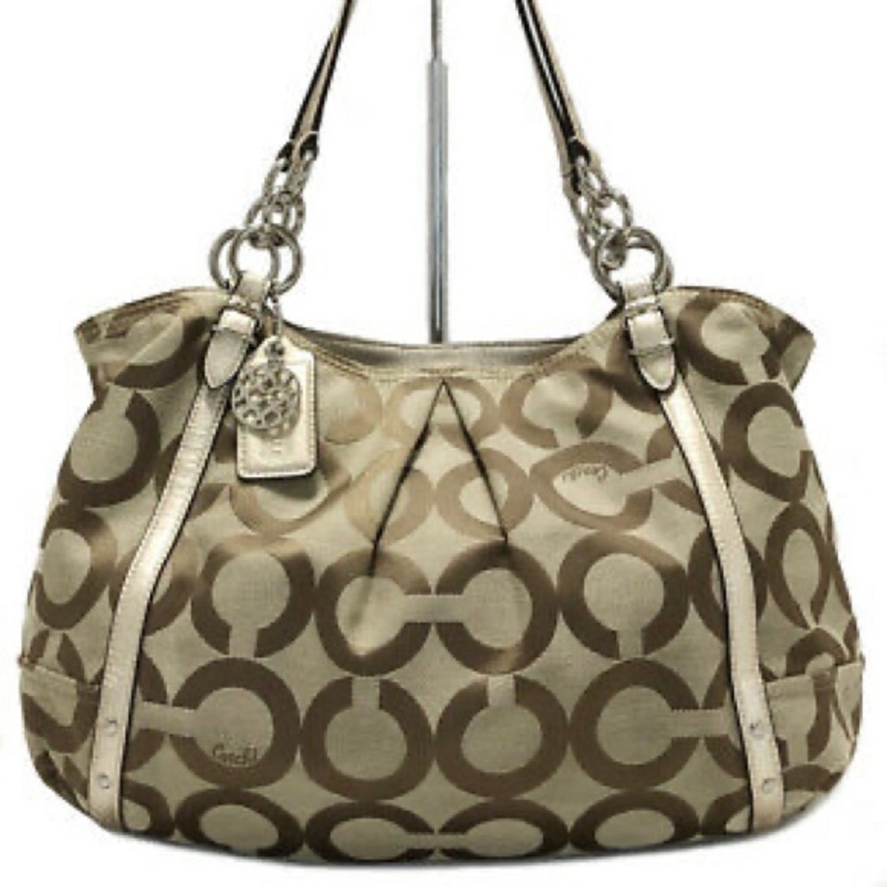 Authentic COACH Op Art tote bag canvas shoulder beige gold 16233
